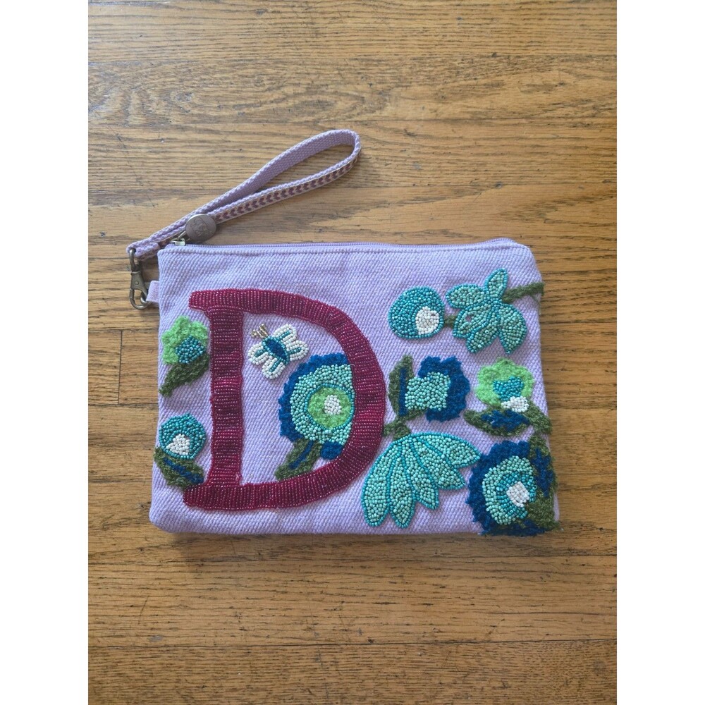 America & Beyond Beaded Clutch Bag Wristlet Monogram Initial D Pouch Purple